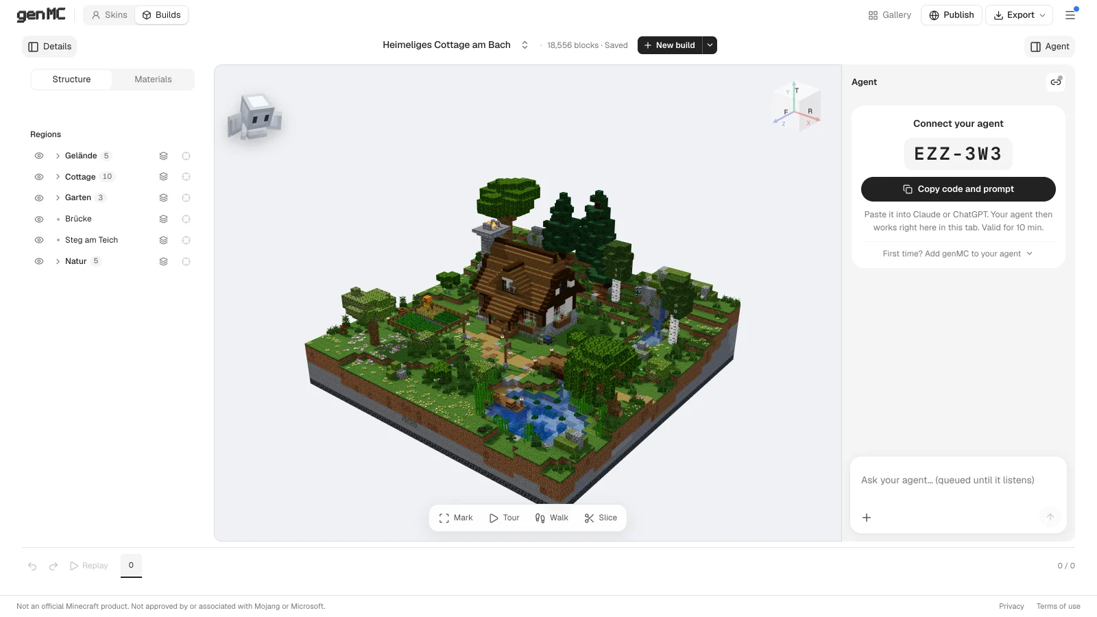 genMC's build studio with a cottage by a stream in the 3D view, the build's parts on the left and the agent column with a pairing code on the right.