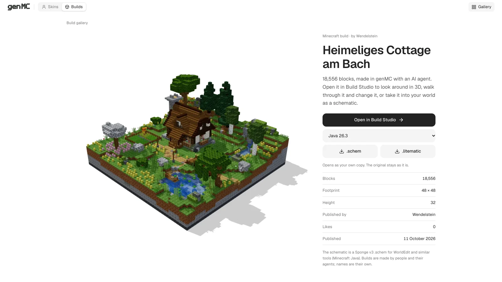 A gallery page for a cottage build with buttons to open it in the build studio and to download it as .schem or .litematic.