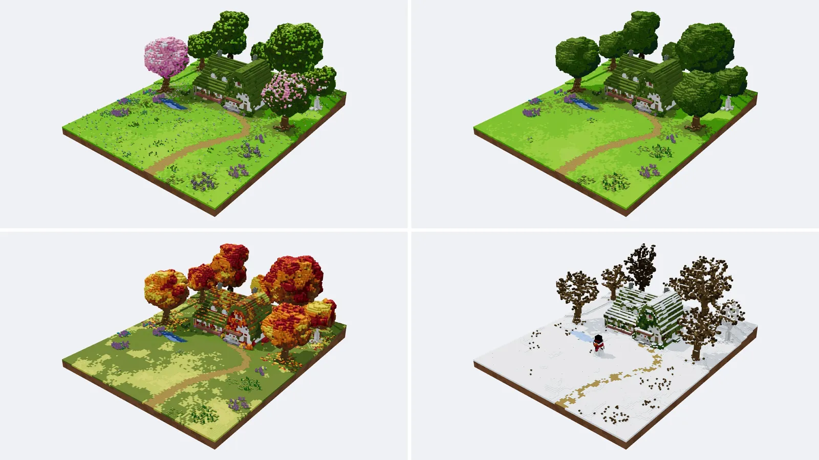 Four renders of the same cottage by a stream: in spring, summer, autumn and winter.