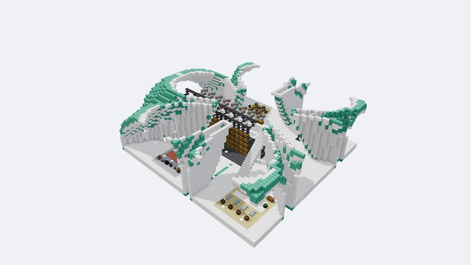 A cut through a white and turquoise player base, showing rooms, a staircase, storage and an enchanting corner inside.