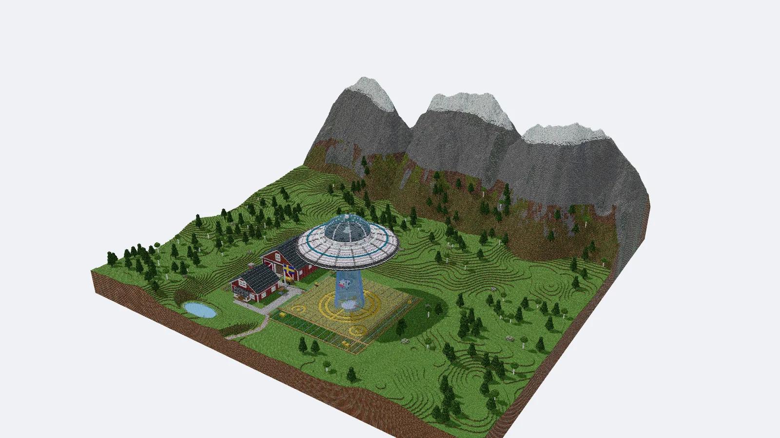 A wide landscape build with three snowy peaks, a pine forest, a red farmhouse and a flying saucer hovering over a crop circle.