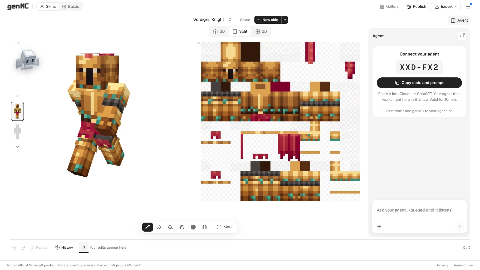 genMC's skin studio in split view – a knight in bronze armour with a red cape as a 3D figure on the left and as the flat 64 × 64 texture on the right.