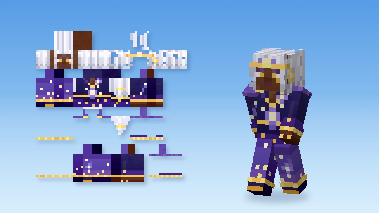 Ein Sternenzauberinnen-Skin zweimal – links als flache 64 × 64-Textur mit aufgeklapptem Kopf, Körper, Armen und Beinen, rechts als 3D-Figur im mitternachtsblauen Kleid.