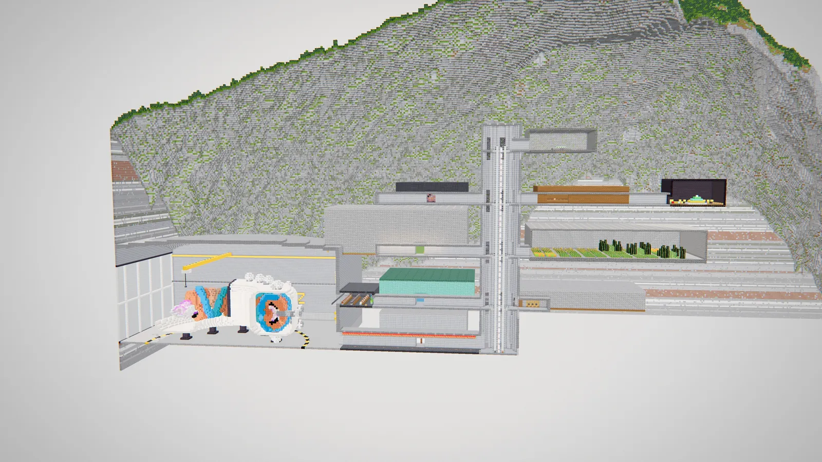 A cutaway of the Wendelstein model showing a hall with a stellarator, a lift shaft, corridors and a farm inside the mountain.