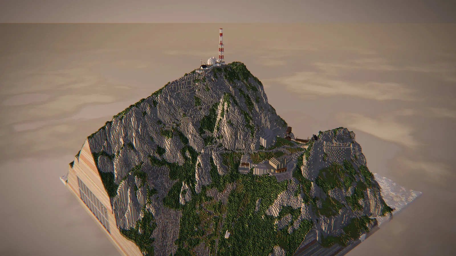 A blocky model of the Wendelstein mountain at golden hour, with the transmitter mast on the summit and buildings on its slopes.